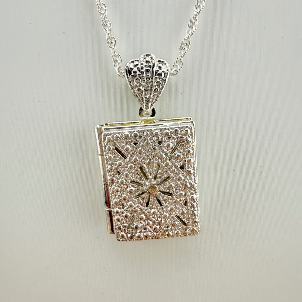 Vintage Silver Tone Book Locket Necklace Starburst Textured Cottagecore